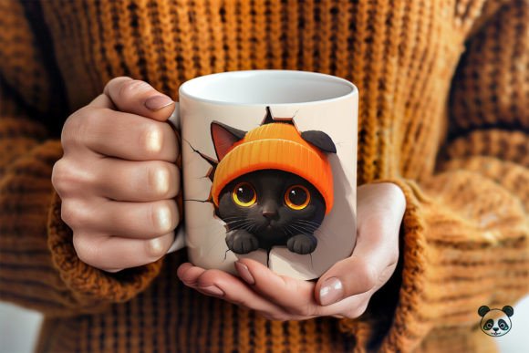 Black Cat Wearing Orange Beanie 3D Mug Wrap Graphics